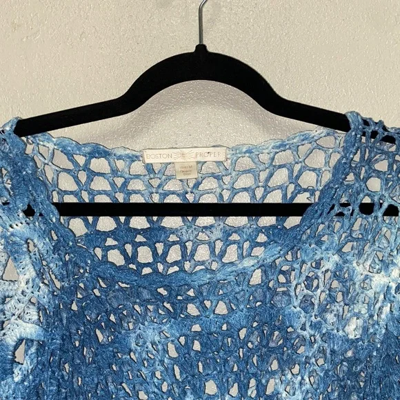 Boston Proper Blue White Open Stitch Crochet V-Neck Sweater 3625 - Picture 3 of 10